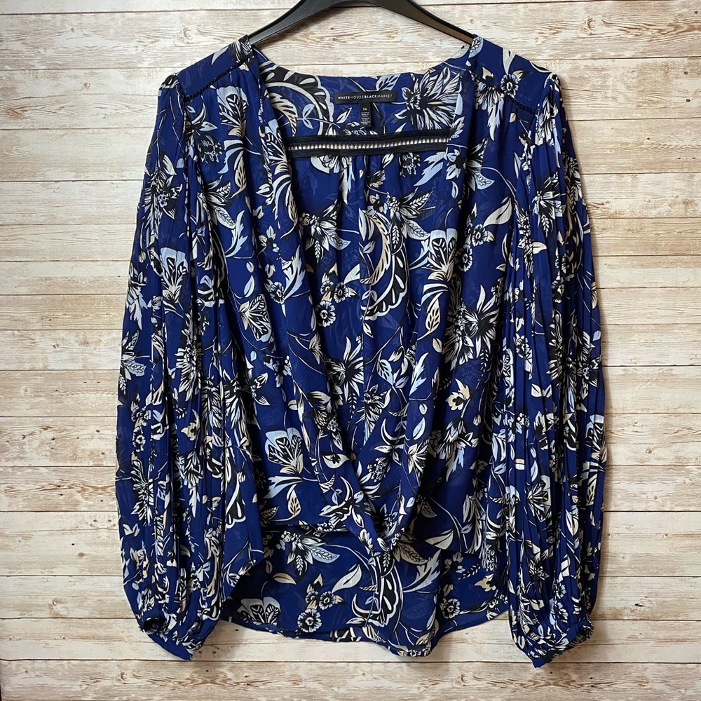 White House Black Market Size 14 Blue Black Paisley Floral Blouse